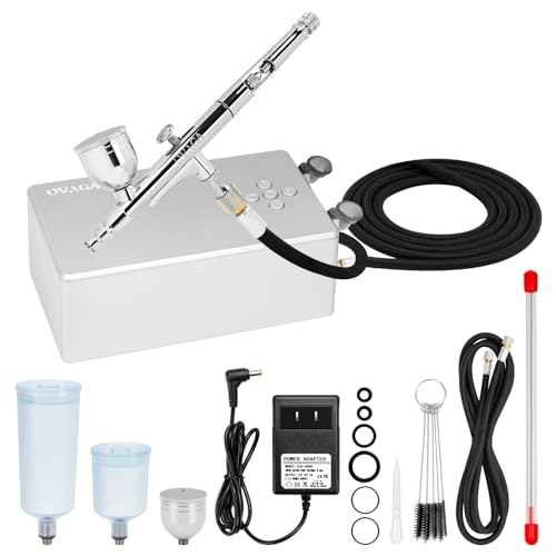 Ovaga 55PSI UltraSilent Airbrush Kit DualAction MultiFunction Airbrush Set with Compressor for Painting Portable Air Brush Set for Cake Decoration Makeup Art Craft Nail Design Model Tattoo Silver - Image 1