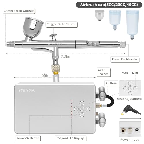 Ovaga 55PSI UltraSilent Airbrush Kit DualAction MultiFunction Airbrush Set with Compressor for Painting Portable Air Brush Set for Cake Decoration Makeup Art Craft Nail Design Model Tattoo Silver - Image 3