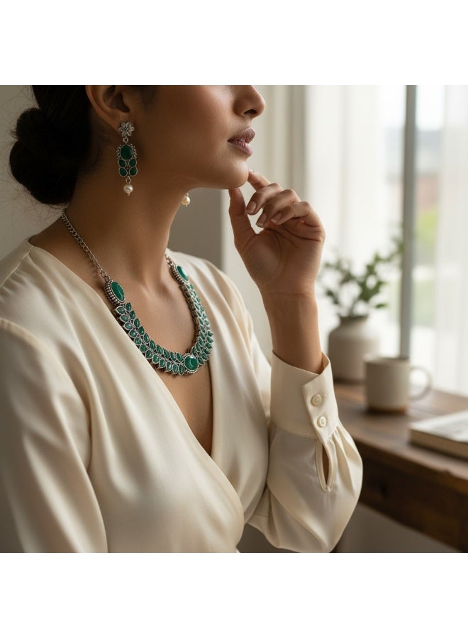 Pretty Precious 800356-Antique Silver Emerald Green Stone Necklace Set, Traditional Indian Style, Pearl Drop Earrings, Oxidized Metal Jewelry - Image 3