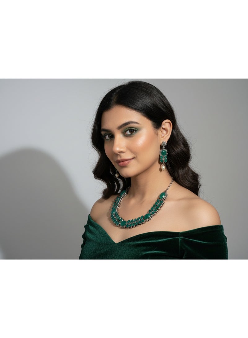 Pretty Precious 800356-Antique Silver Emerald Green Stone Necklace Set, Traditional Indian Style, Pearl Drop Earrings, Oxidized Metal Jewelry - Image 2