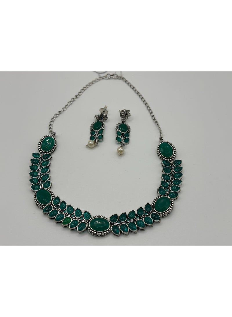 Pretty Precious 800356-Antique Silver Emerald Green Stone Necklace Set, Traditional Indian Style, Pearl Drop Earrings, Oxidized Metal Jewelry - Image 1