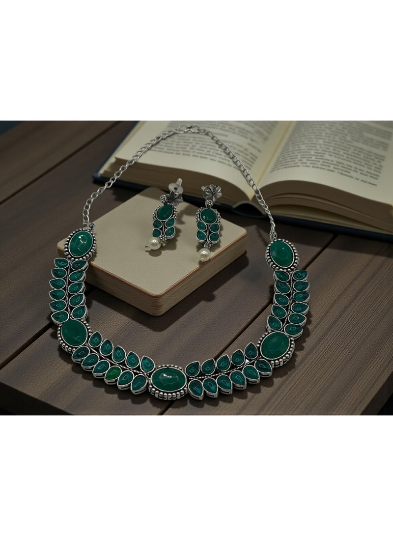 Pretty Precious 800356-Antique Silver Emerald Green Stone Necklace Set, Traditional Indian Style, Pearl Drop Earrings, Oxidized Metal Jewelry - Image 4