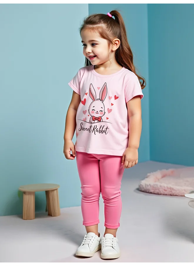 تايك تو Take Two Kids 2pcs Graphic Print Short Sleeve T-Shirt and Solid Leggings
