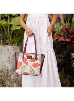 THE CLOWNFISH THE CLOWNFISH Valentine Printed Handicraft Fabric & Faux Leather Handbag for Women Ladies Tote for Women College Girls (Cream-Leaf Print)  - Image 2