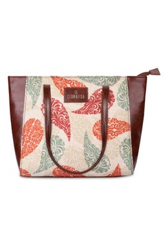 THE CLOWNFISH THE CLOWNFISH Valentine Printed Handicraft Fabric & Faux Leather Handbag for Women Ladies Tote for Women College Girls (Cream-Leaf Print)  - Image 1