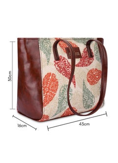THE CLOWNFISH THE CLOWNFISH Valentine Printed Handicraft Fabric & Faux Leather Handbag for Women Ladies Tote for Women College Girls (Cream-Leaf Print)  - Image 3