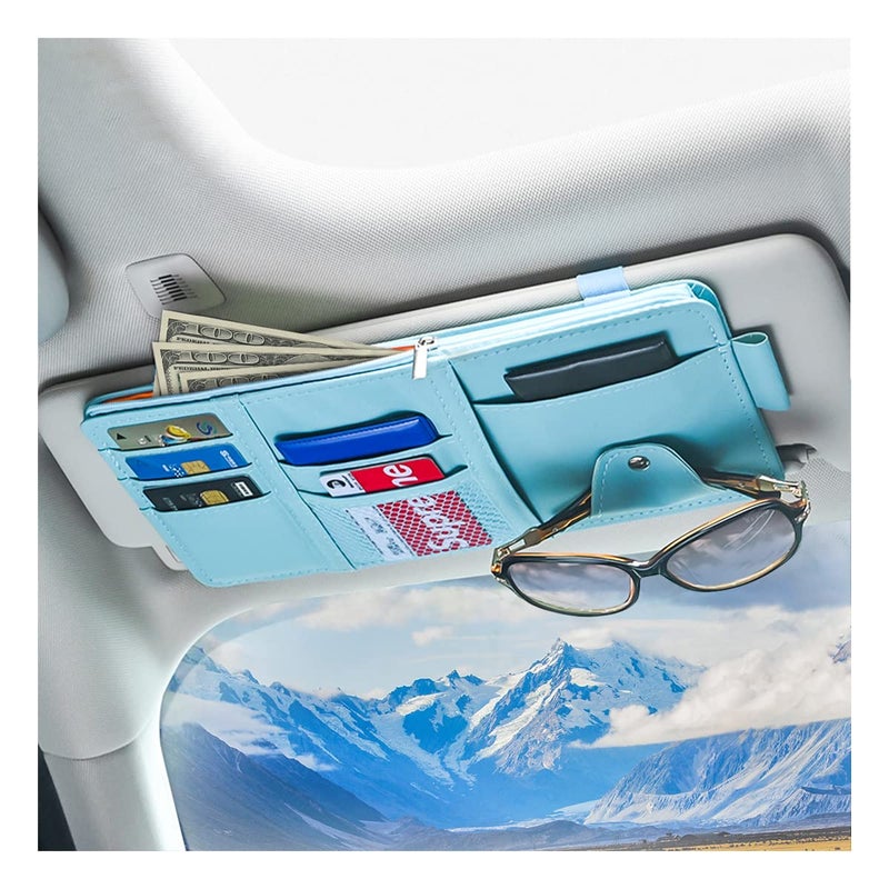 Car Sun Visor Organizer Leather Storage Pocket Sun Visor Pouch with Zipper for Cards License Registration Pen Glasses Document Fits Most Car SUV Auto Interior Accessories for Men Women Blue