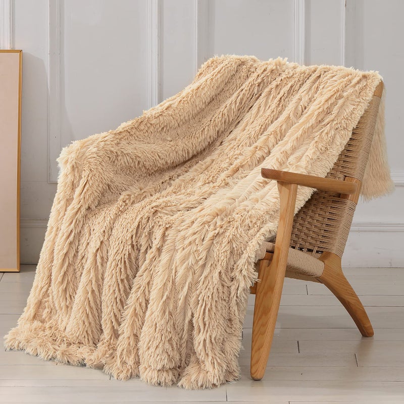 Tuddrom Decorative Extra Soft Faux Fur Throw Blanket 50""x60"" Solid Reversible Fuzzy Lightweight Long Hair Shaggy Blanket Fluffy Cozy Plush Fleece Comfy Microfiber Blanket for Couch Sofa Bed Apricot - Image 1