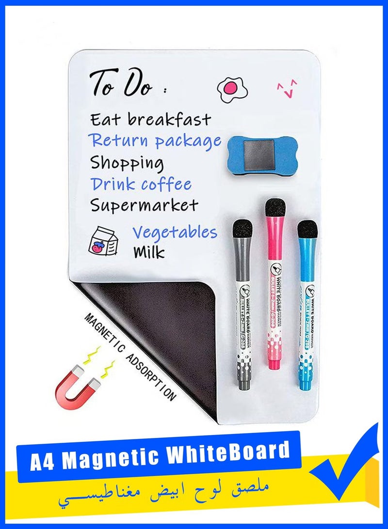 لوح أبيض مغناطيسي A4 متعدد الاستخدامات للمسح الجاف للثلاجة، ورقة بيضاء للمسح الجاف للثلاجة مع 3 أقلام تحديد وممحاة للسبورة، زاوية مستديرة لمشاريع DIY والتفاعل العائلي ومذكرة مكتبية لرسائل التعلم الإبداعي، 21*30 سم - Image 1