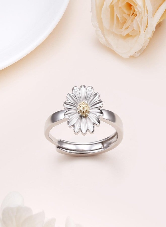 Flyow S925 Sterling Silver Flower Daisy Rings for Women Adjustable Floral Jewelry Graduation Gifts (Daisy, 7) - Image 3