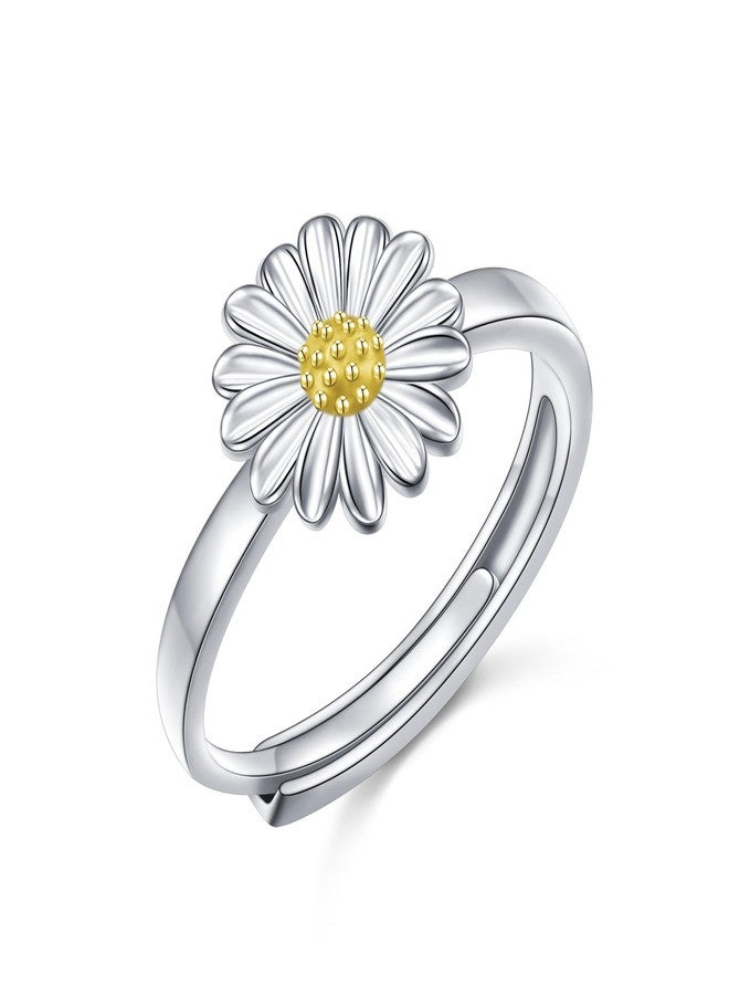 Flyow S925 Sterling Silver Flower Daisy Rings for Women Adjustable Floral Jewelry Graduation Gifts (Daisy, 7) - Image 1