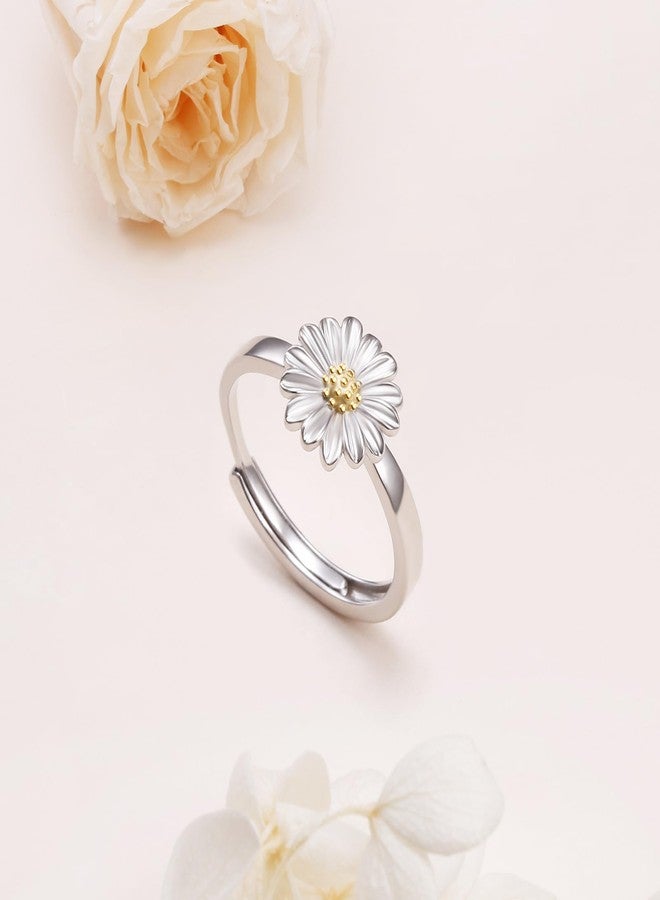 Flyow S925 Sterling Silver Flower Daisy Rings for Women Adjustable Floral Jewelry Graduation Gifts (Daisy, 7) - Image 2