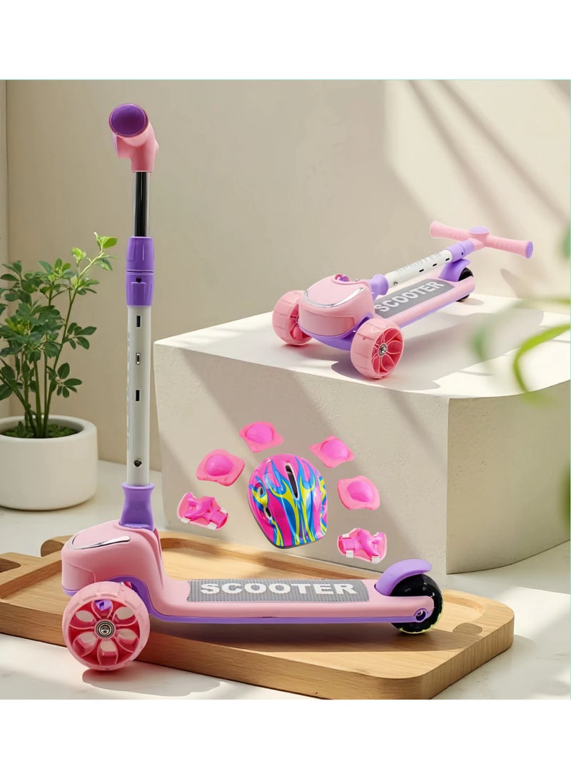 إيزي فيتشور سكوتر EASY FUTURE القابل للطي للأطفال بمقبض قابل لضبط الارتفاع، وعجلات LED PU، وفرامل خلفية وموسيقى - مثالي للأعمار من 3 إلى 8 سنوات بما في ذلك مجموعة معدات الحماية الكاملة - Image 1