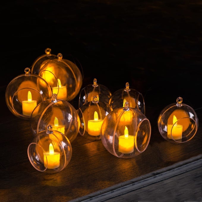 10 PACK 35490MM ACRYLIC HANGING TEALIGHT CANDLE HOLDER WITH 10 PACK FLAMELESS LED CANDLES GLOBE ORNAMENT FOR AIR PLANT TEA LIGHT CANDLESTICK FOR HOME PARTY DECOR WEDDING BIRTHDAY CHRISTMAS