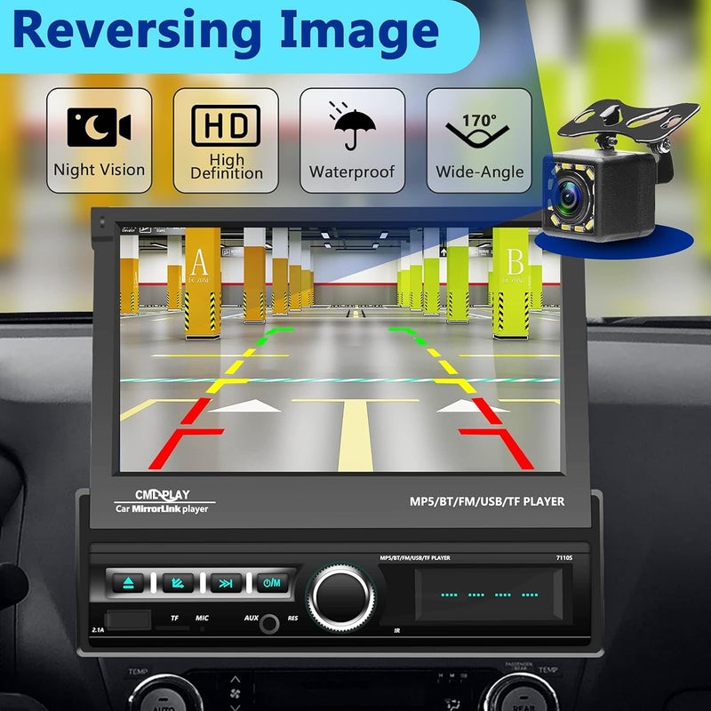 Podofo Single Din Touchscreen Car Stereo with 7 Inch Motorized Flip Out Screen, Bluetooth, FM, AUX, USB, SD, Mirror Link, and Backup Camera - Image 3
