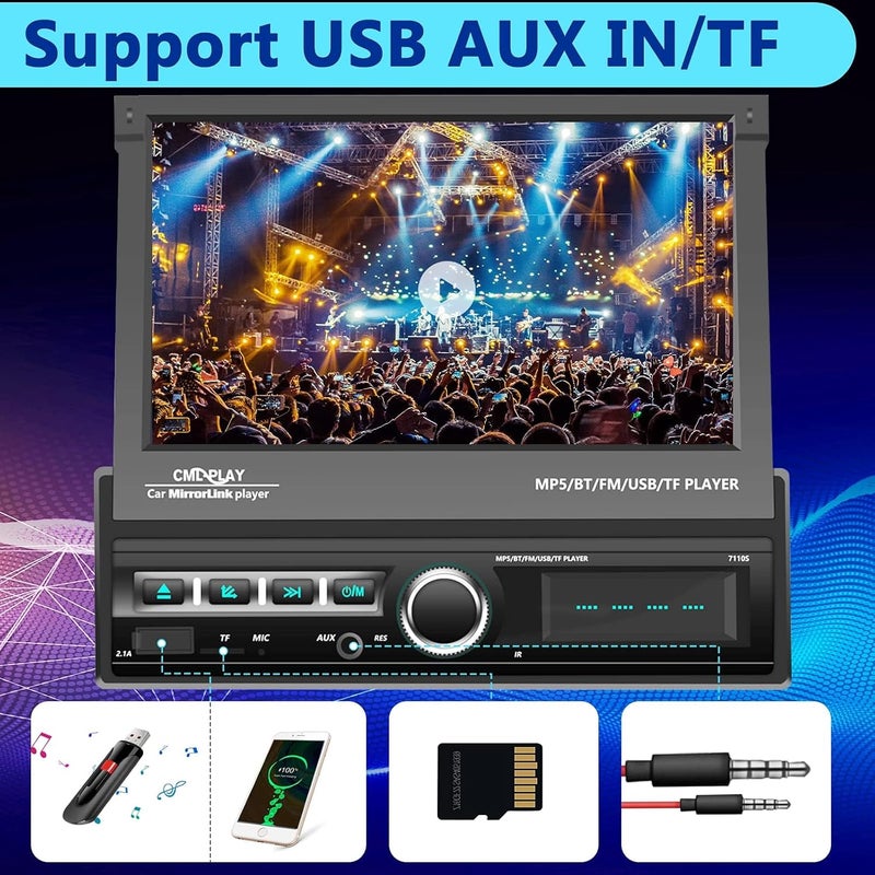 Podofo Single Din Touchscreen Car Stereo with 7 Inch Motorized Flip Out Screen, Bluetooth, FM, AUX, USB, SD, Mirror Link, and Backup Camera - Image 4