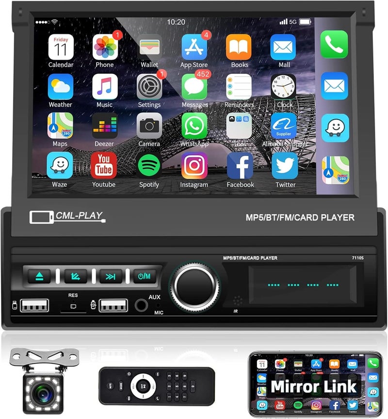 Podofo Single Din Touchscreen Car Stereo with 7 Inch Motorized Flip Out Screen, Bluetooth, FM, AUX, USB, SD, Mirror Link, and Backup Camera - Image 1