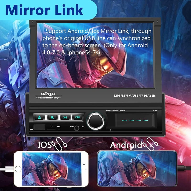 Podofo Single Din Touchscreen Car Stereo with 7 Inch Motorized Flip Out Screen, Bluetooth, FM, AUX, USB, SD, Mirror Link, and Backup Camera - Image 5