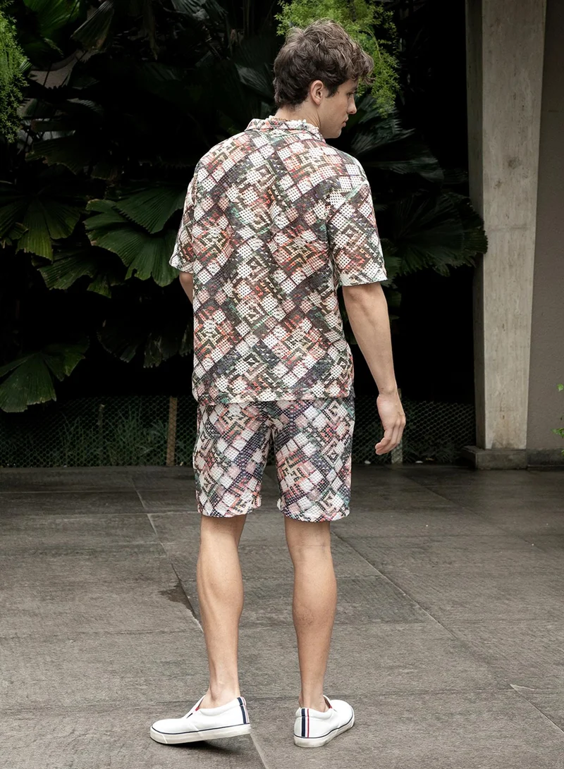 Campus Sutra Men's Multicolour Hazy-Cubic Knit Co-Ord Set