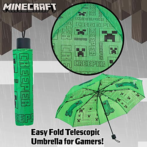 MINECRAFT مظلات قابلة للطي من ماين كرافت للأولاد والبنات مظلة متينة ومضادة للرياح للسفر للمراهقين وعشاق الألعاب (أخضر) - Image 3