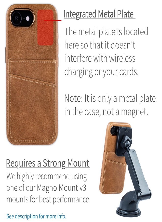 Dockem iPhone 16e Case Genuine Leather Card Holder with Built-in Metal Plate for Magnetic Mounting, Stitched Wallet with 2 Credit Card Pockets (Light Brown, M2GL) - Image 3