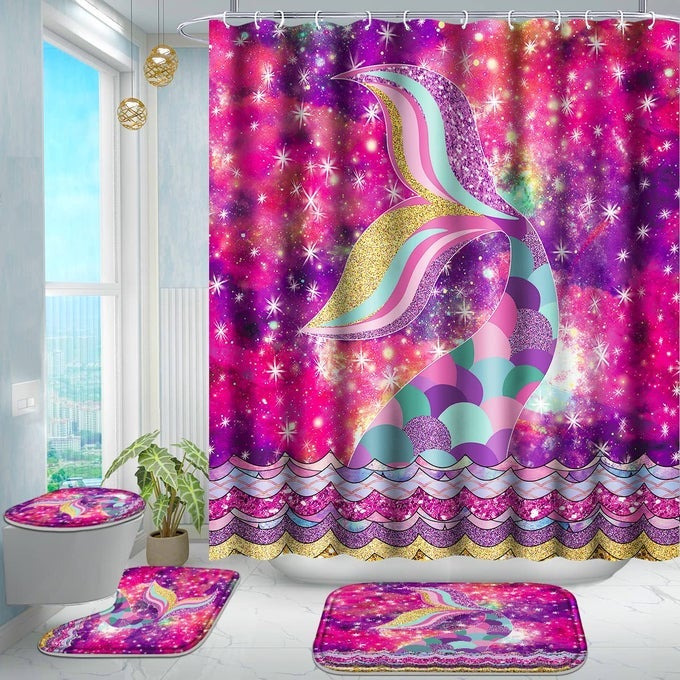 4 PCS BATHROOM SHOWER CURTAIN SETKIDS BATHROOM SETMERMAIDS TAIL SHOWER CURTAIN SETS WITH RUGSBATH MATU SHAPE AND TOILET LID COVER MAT AND 12 HOOKS