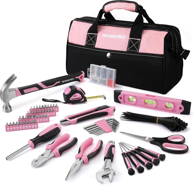 WORKPRO Pink Tool Kit, 263-Piece Home Repairing Tool Set with Wide Mouth Open Storage Bag, Household Tool Kit - Pink Ribbon - Image 1