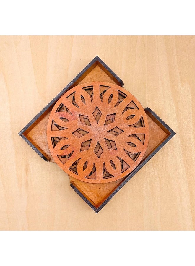 IndionArt Trayodash 88mm Decorative Wooden Tea Coaster Set with Stand Hand-Painted Spill-Resistant Mandala Design (8, Red Cedar) - Image 1