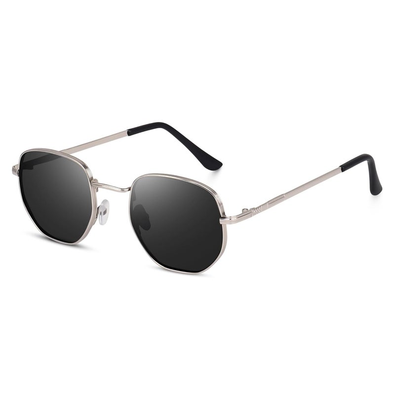 Dervin UV Protected Hexagonal Sunglasses for Men and Women (Silver-Black) - Image 1
