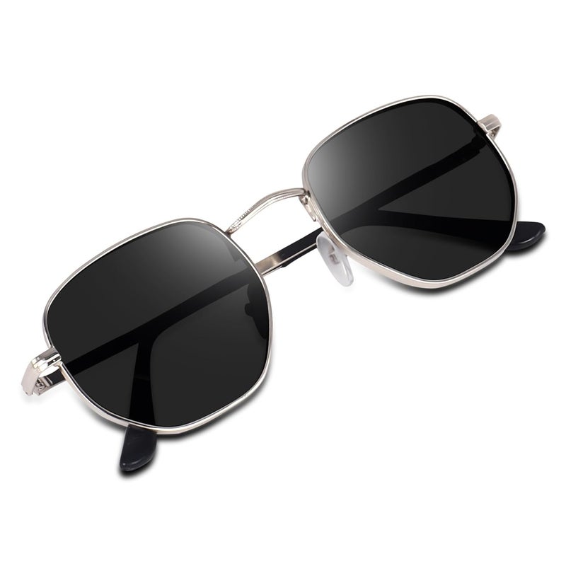 Dervin UV Protected Hexagonal Sunglasses for Men and Women (Silver-Black) - Image 3