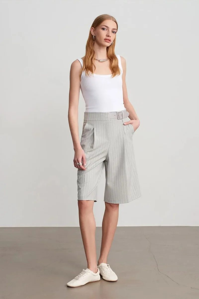 Dilvin Light Grey DILVIN High-Waist Striped Tailored Shorts With Belt for Women | Best Price UAE