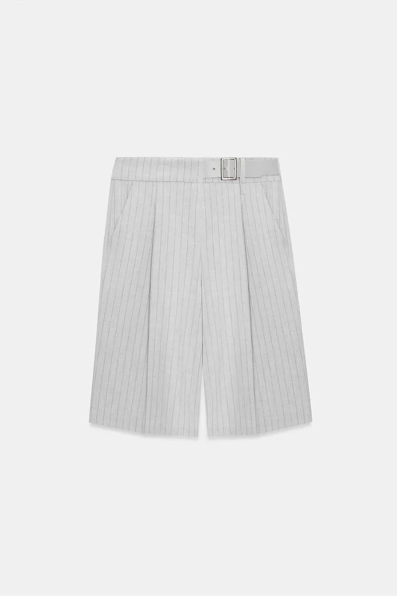 Dilvin Light Grey DILVIN High-Waist Striped Tailored Shorts With Belt for Women | Best Price UAE