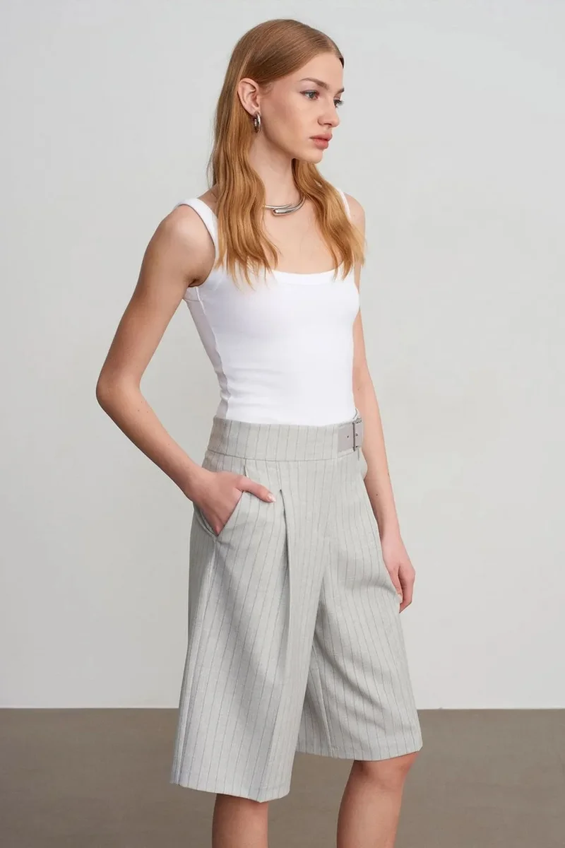 Dilvin Light Grey DILVIN High-Waist Striped Tailored Shorts With Belt for Women | Best Price UAE