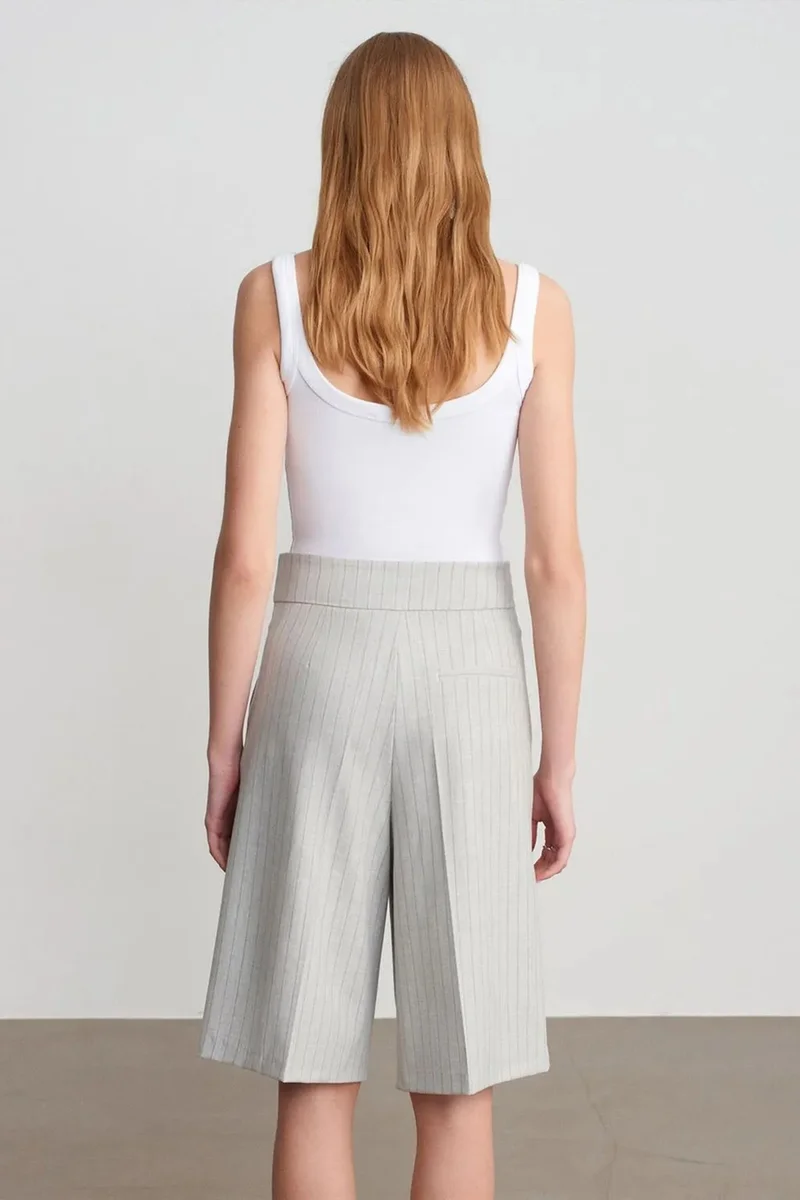 Dilvin Light Grey DILVIN High-Waist Striped Tailored Shorts With Belt for Women | Best Price UAE