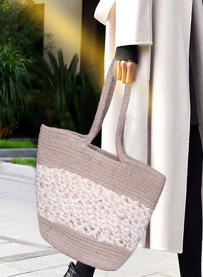 ROSSLYN Eco-Friendly Reusable Jute&Cotton Bag for Cloth Shopping Bags for Daily use Market Carry Milk Grocery Fruits Vegetable with Reinforced Handle jhola Bag (beige) - Image 2