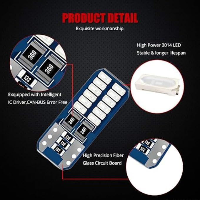 YEERON 194 168 Led Bulb Super Bright 24Smd 3014 Chips Error Free 2825 W5W T10 Wedge Led Replacement Bulbs For Car Interior Dome Map Door Courtesy License Plate LightsRed10Pack - Image 3