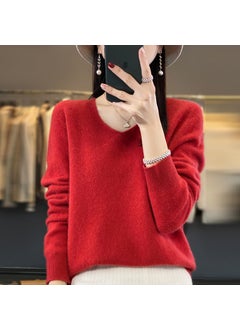 Pure Color 100% Wool Autumn/winter Cropped V-neck Pullover Sweater Base Layer Top Cherry Red