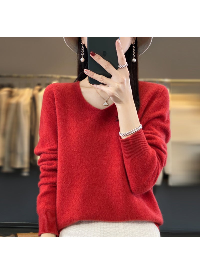 Generic - Pure Color 100% Wool Autumn/winter Cropped V-neck Pullover Sweater Base Layer Top Cherry Red - Image 1