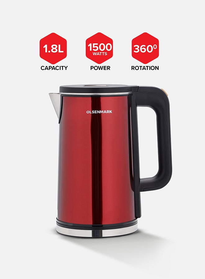 Olsenmark Electric Kettle, Water Boiler, Stainless Steel Seamless Inner Double Wall Cool Touch Body, Auto-Shut Off, Boil Dry Protection 2 L 1500 W OMK2483 Red/Black - Image 2