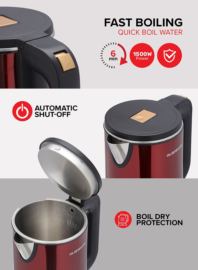 Olsenmark Electric Kettle, Water Boiler, Stainless Steel Seamless Inner Double Wall Cool Touch Body, Auto-Shut Off, Boil Dry Protection 2 L 1500 W OMK2483 Red/Black - Image 5