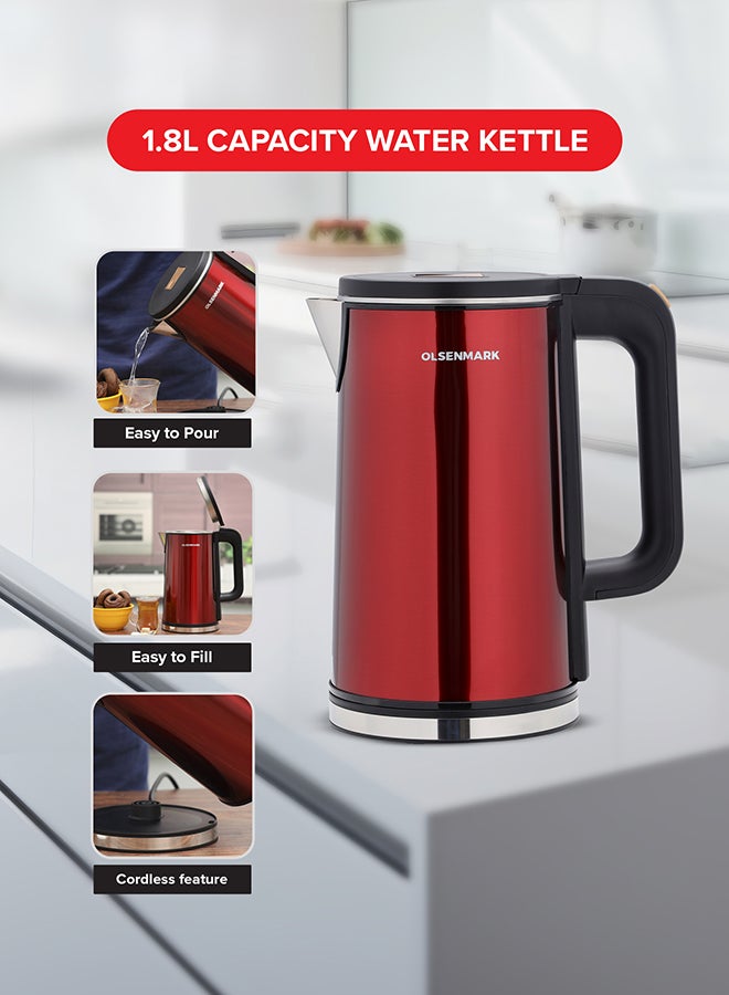 Olsenmark Electric Kettle, Water Boiler, Stainless Steel Seamless Inner Double Wall Cool Touch Body, Auto-Shut Off, Boil Dry Protection 2 L 1500 W OMK2483 Red/Black - Image 3
