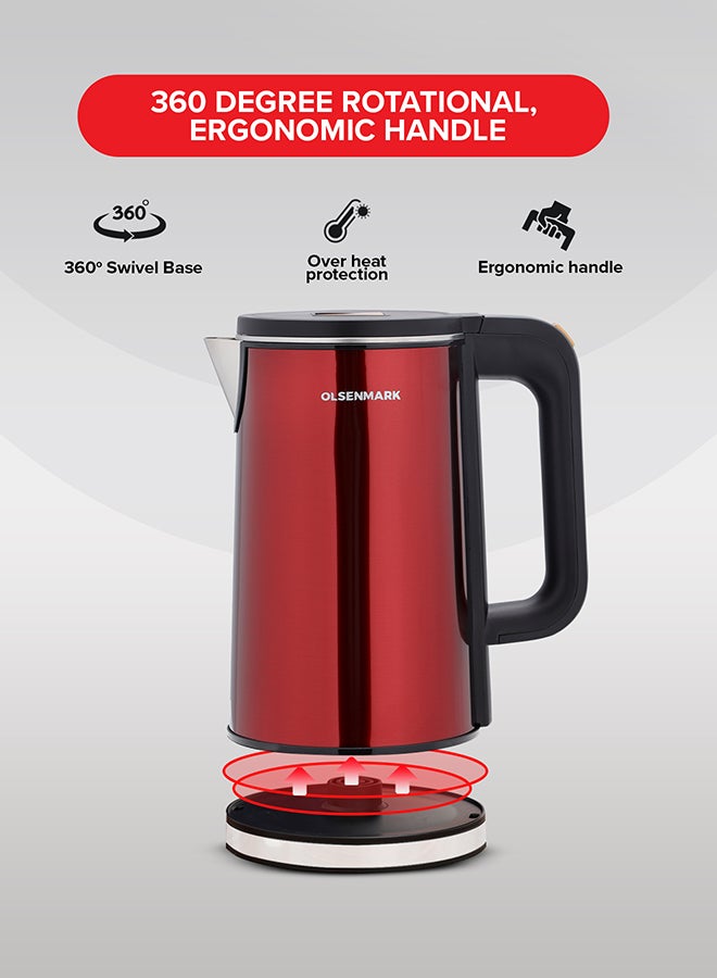 Olsenmark Electric Kettle, Water Boiler, Stainless Steel Seamless Inner Double Wall Cool Touch Body, Auto-Shut Off, Boil Dry Protection 2 L 1500 W OMK2483 Red/Black - Image 4