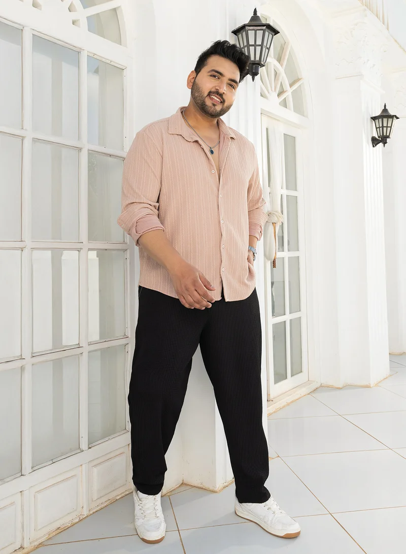 Instafab Plus Instafab Plus Men's Saltbox Beige Ribbed-Rope Tactile Shirt For Casual Wear | Spread Collar | Long Cuffed Sleeves | Button Closure | Plus Size Shirt Crafted With Comfort Fit For Everyday Wear