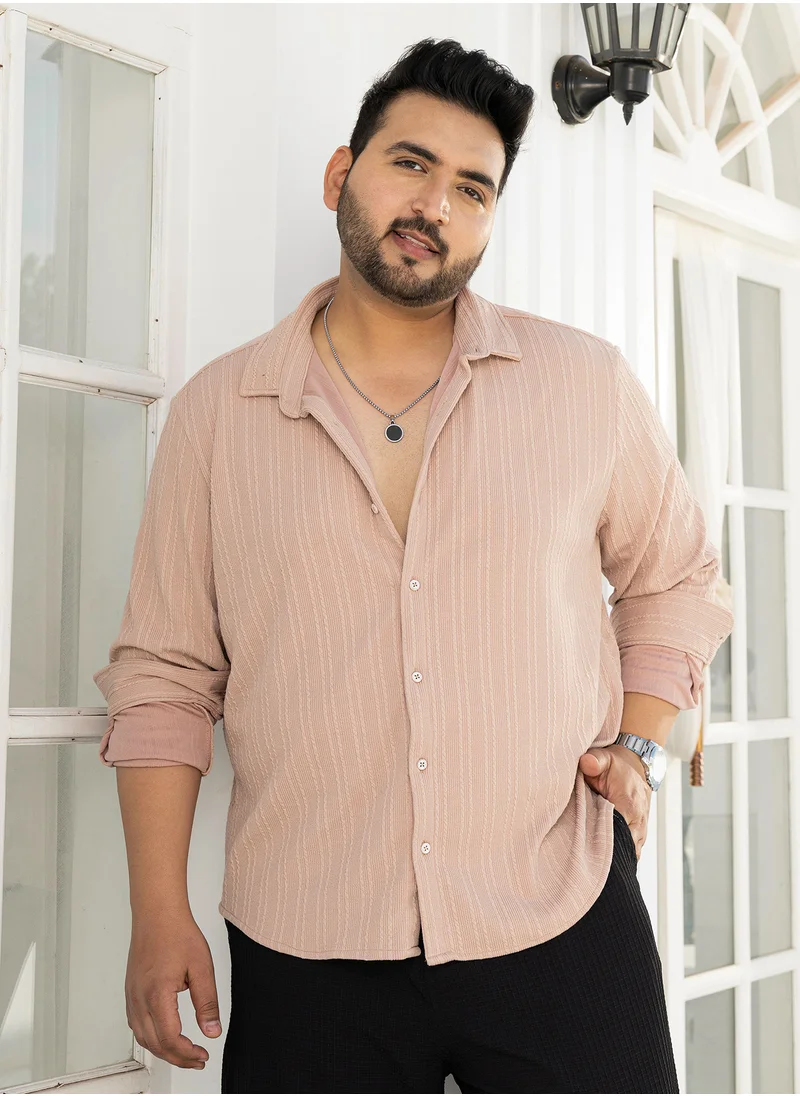 انستافاب بلس Instafab Plus Men's Saltbox Beige Ribbed-Rope Tactile Shirt For Casual Wear | Spread Collar | Long Cuffed Sleeves | Button Closure | Plus Size Shirt Crafted With Comfort Fit For Everyday Wear
