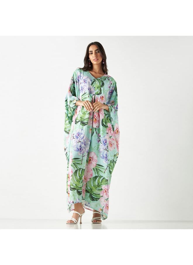 Iconic - Iconic All-Over Tropical Print Kaftan Dress with V-neck - Image 1