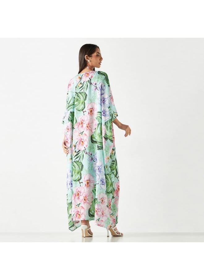 Iconic - Iconic All-Over Tropical Print Kaftan Dress with V-neck - Image 1