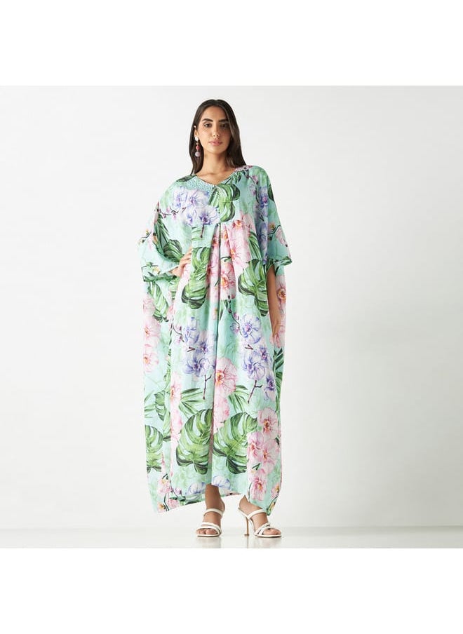 Iconic - Iconic All-Over Tropical Print Kaftan Dress with V-neck - Image 1