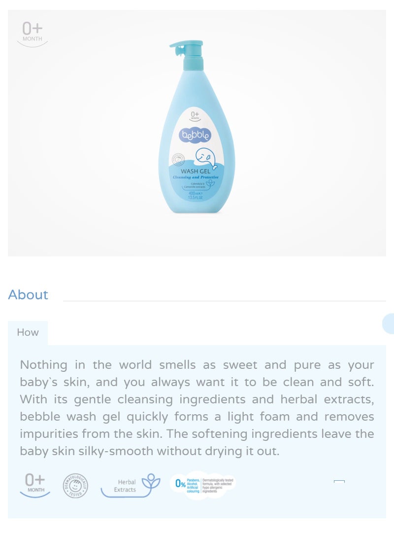 Bebble Baby Wash Gel Cleansing Protective No Paraben Calendula 400ml - Image 3