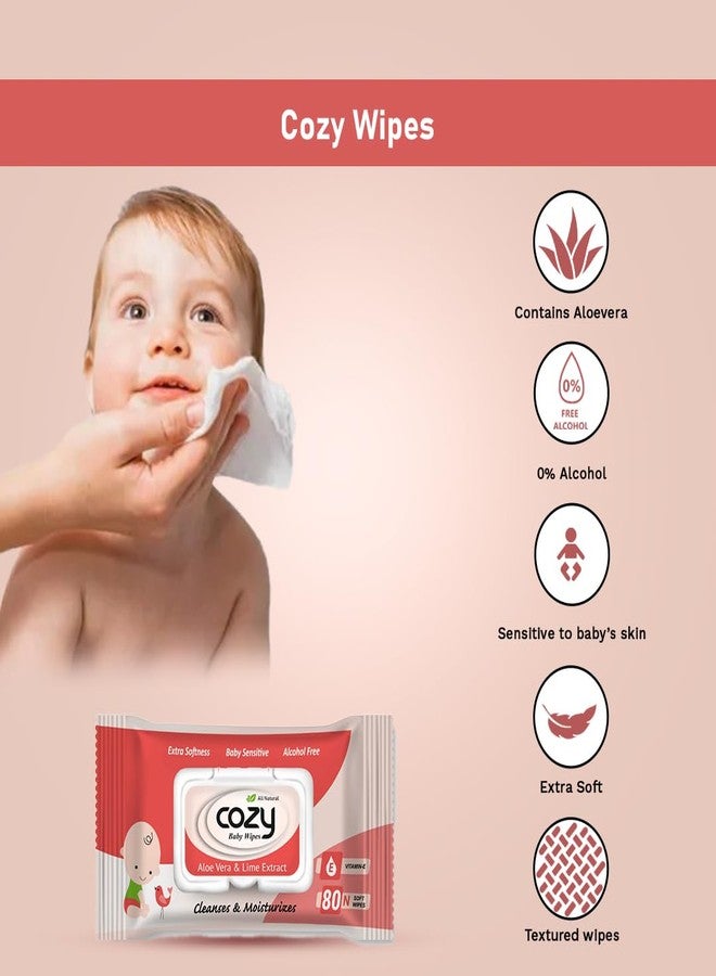 Cozy Baby Wipes, Red Pack of 6 (480 Count) Alcohol free, soft and strong, aloe vera and lime extract, vitamin E, Extra softness, baby sensitive, alcohol free, 15 cm x 20 cm (480 Count (Pack of 6)) - Image 2