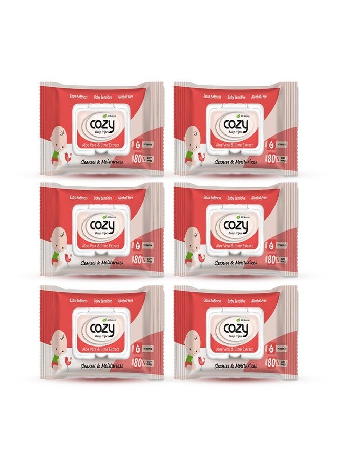 Cozy Baby Wipes, Red Pack of 6 (480 Count) Alcohol free, soft and strong, aloe vera and lime extract, vitamin E, Extra softness, baby sensitive, alcohol free, 15 cm x 20 cm (480 Count (Pack of 6)) - Image 1